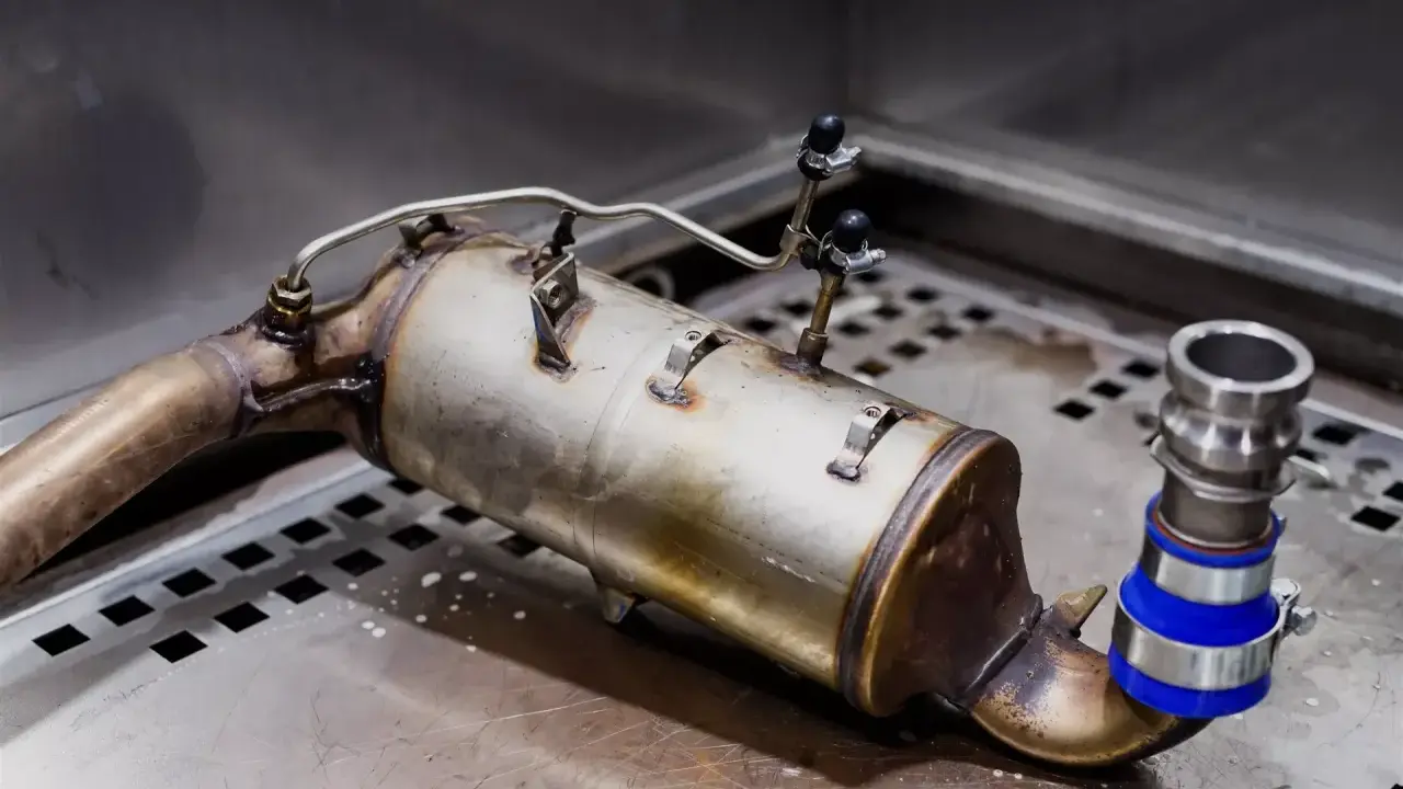 Filtr DPF z widocznymi oznakami zużycia, potencjalnie wskazującymi na zapchany dpf objawy. Element układu wydechowego pojazdu.